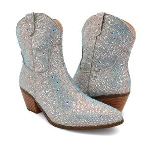 Ronilurn Women's Size 8 Rhinestone Embellished Chunky Heel Western Ankle Booties